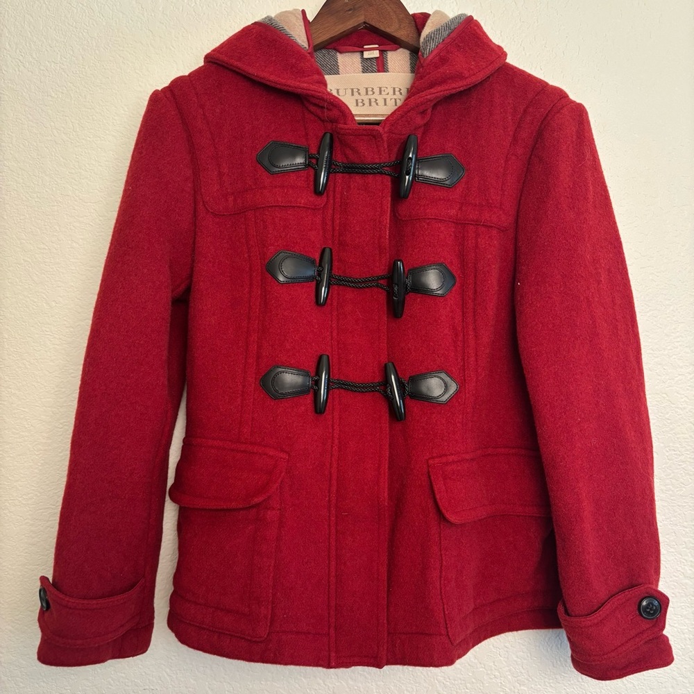 Burberry Red Hooded Wool Toggle Coat